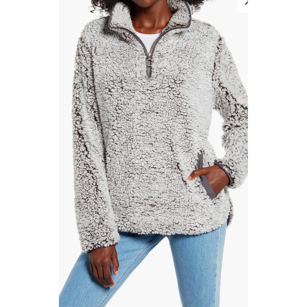 Thread & Supply Brandon Sherpa Fleece Quarter Zip Pullover Gray White Large